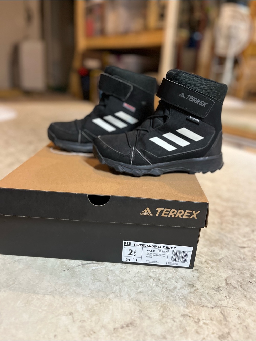 adidas Kids Black Winter Snow Boots with White Stripes